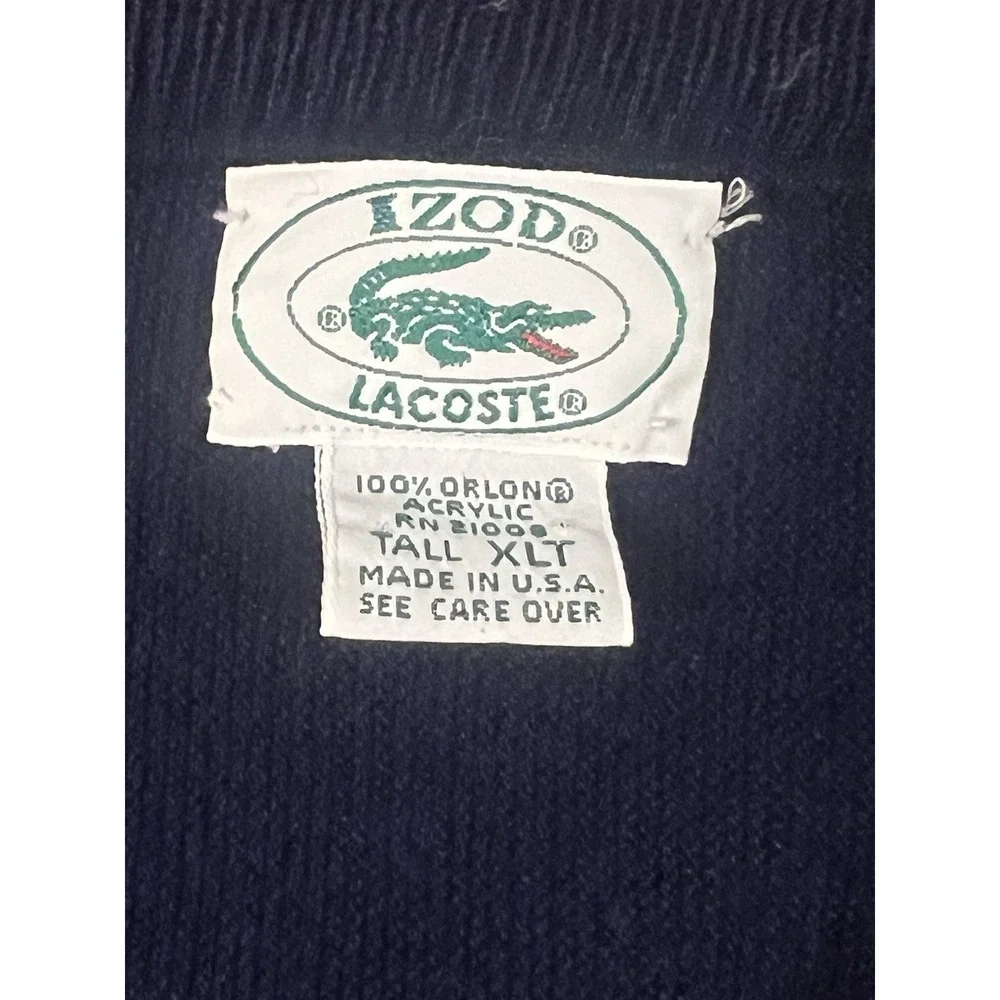 Vintage Izod Lacoste Navy Blue V-Neck  Pullover Sweater Men's XLT Made In USA A5